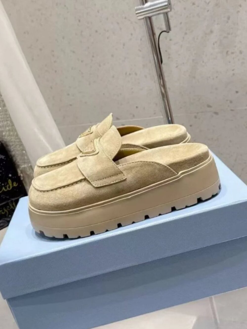 Prada Beige Suede Platform Mule Slides - Picture 2 of 5